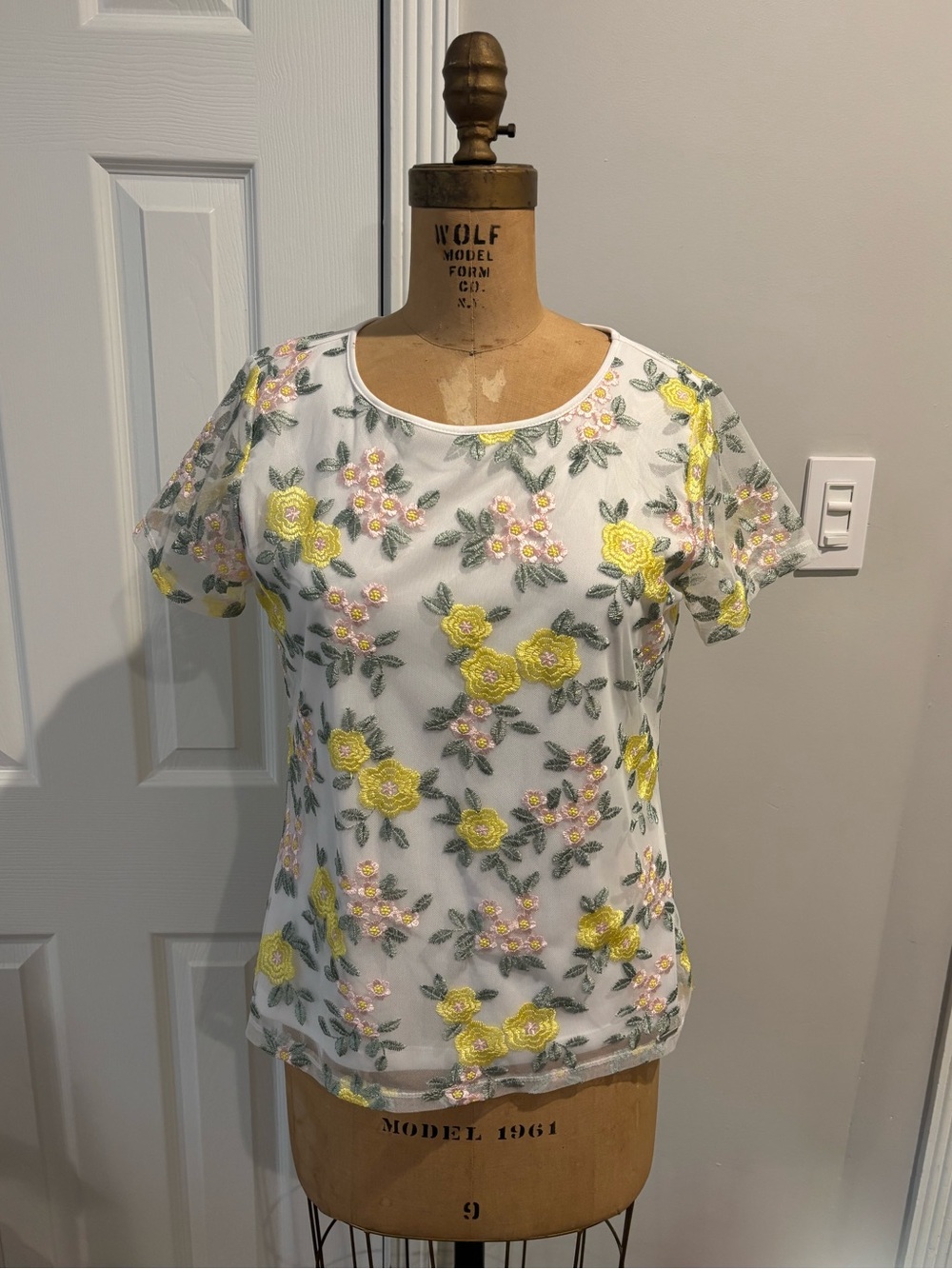 Calvin Klein White Floral Embroidered Blouse with Pink Roses